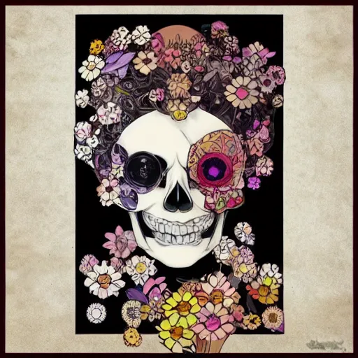 Prompt: anime manga skull portrait face skeleton female with flowers illustration style by Alphonse Mucha and Takashi Murakami pop art nouveau