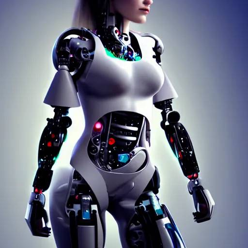 Image similar to young lady cyborg, bioorganic concept, beautiful face, full body,
