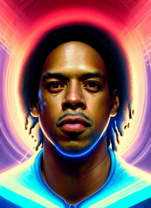 Image similar to symmetry!! portrait of ronaldinho gaucho, sci - fi, tech wear, glowing lights!! intricate, elegant, highly detailed, digital painting, artstation, concept art, smooth, sharp focus, illustration, art by artgerm and greg rutkowski and alphonse mucha