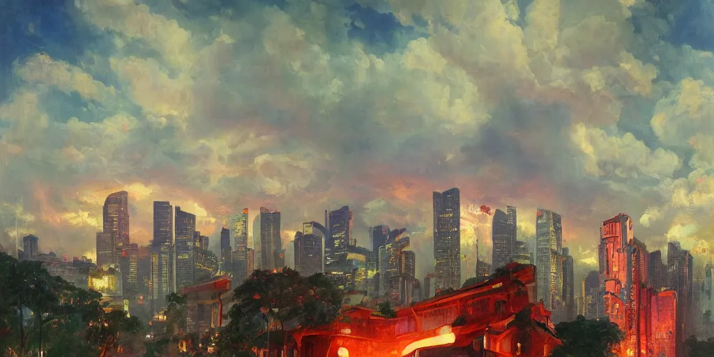 Prompt: painting of Singapore city with a lion-shaped cloud in the sky and fireworks in the sky, red and white lighting by Solomon Joseph Solomon and Richard Schmid and Jeremy Lipking victorian genre painting full length portrait