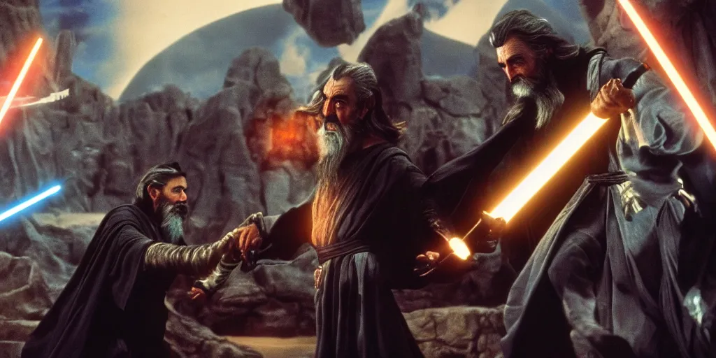 Image similar to Count Dooku with black beard and blue ligthsaber fights Yaddle from the phantom menace ultra realistic, 4K, movie still, UHD, sharp, detailed, cinematic, render, modern