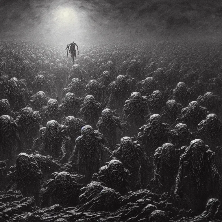 Image similar to a cinematic scene from the fleeing human soldiers, lovecraft, concept art by beksinski and jean delville, dramatic lighting, ultra hd, hdr, 8 k