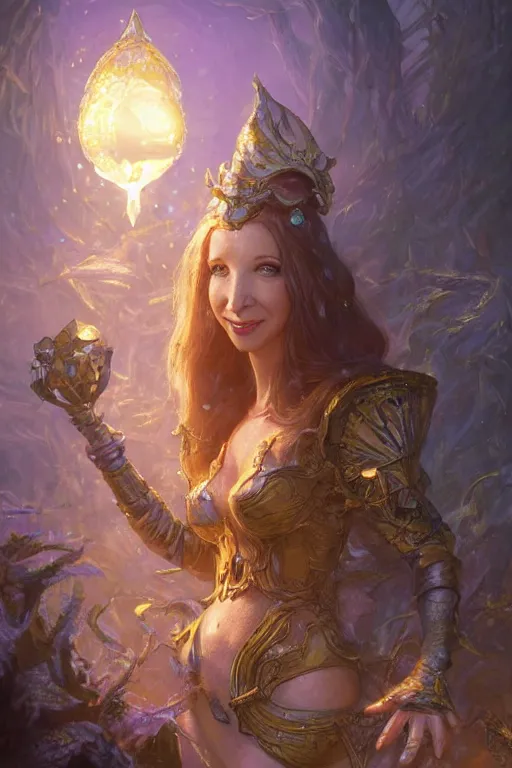 Image similar to lisa kudrow, mushroom kingdom, fantasy character portrait, concept art, sorceress, magical aura, bright, interesting angle, intricate details, highly detailed by greg rutkowski, gaston bussiere, simon bisley