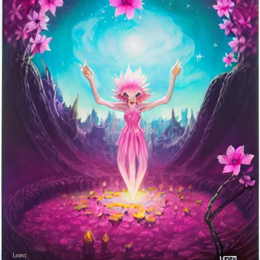 Image similar to magic the gathering lorwyn elemental, pink, flower blossoms, stars, night sky, hyper detailed, kawaii, by jacek yerka, lewandowski, hopper and gilleard, ryden, wolfgang lettl, hints of yayoi kasuma