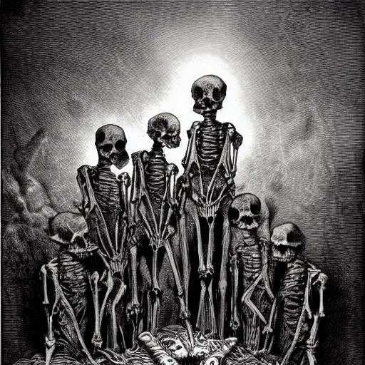 Image similar to congregation of skeletal ferrets worshipping a shining idol, Gustave Dore art style, grunge, matte