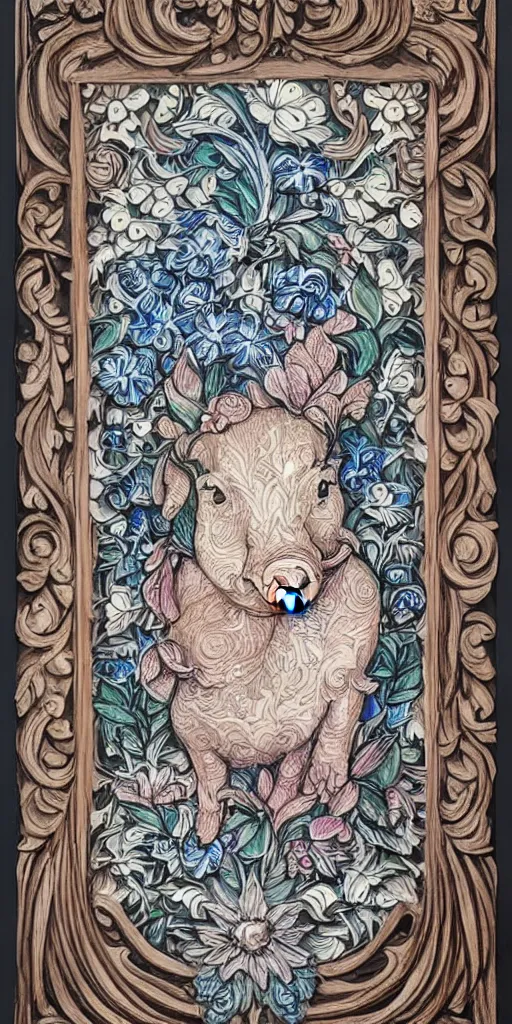 Prompt: Painted dark-wood panel relief carving of a Flowerpunk Piglet, Pig goddess mythology, divinity, White and pale blue toned, ornate border frame, explosion of colorful flowers, dark wood, intricately carved, black ink, festival of rich colors, intricate details, cinematic lighting, volumetric lighting, post-processing, art nouveau, tarot, fractal art, mandala, by andreas rocha and john howe, and Martin Johnson Heade, featured on artstation, featured on behance, golden ratio, hyper detailed, photorealistic, epic composition, center spotlight, f32, well composed, symmetrical, UE5, 8k