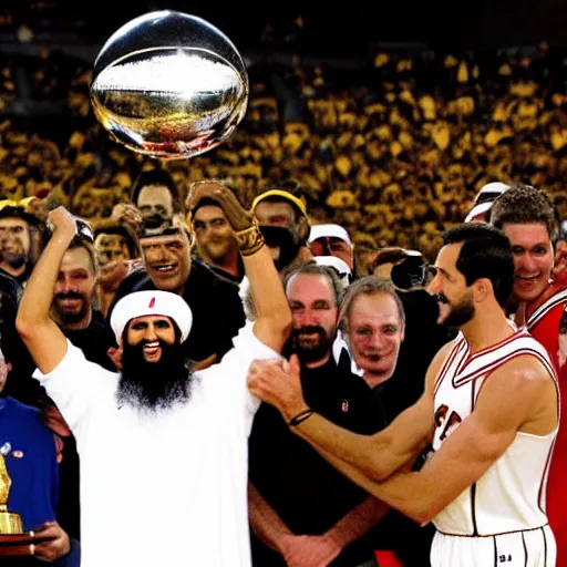 Image similar to photo of osama bin laden lifting larry o'brien trophy