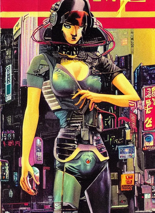 Image similar to 1979 OMNI Magazine Cover of a raven hacker punk in street level neo-Tokyo in cyberpunk 2020 style by Vincent Di Fate