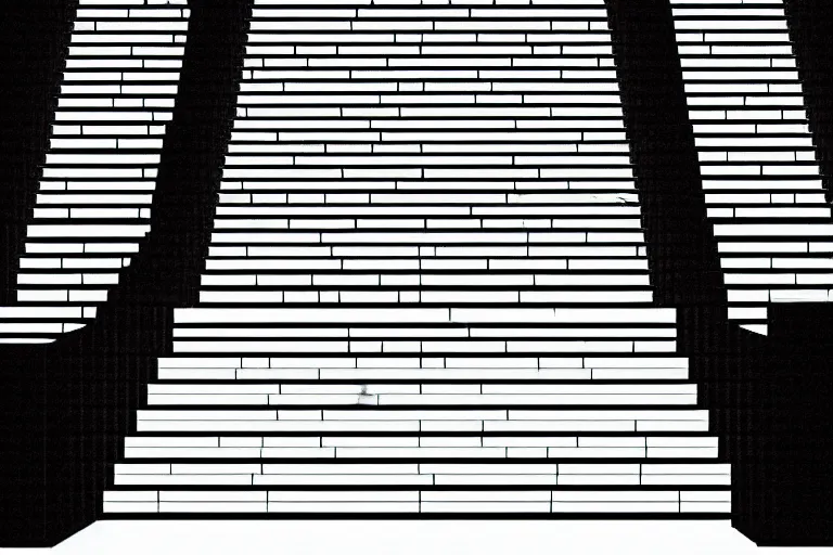 Image similar to a darkened stairway made of lego, with a small faceless figure walking down them, digital art