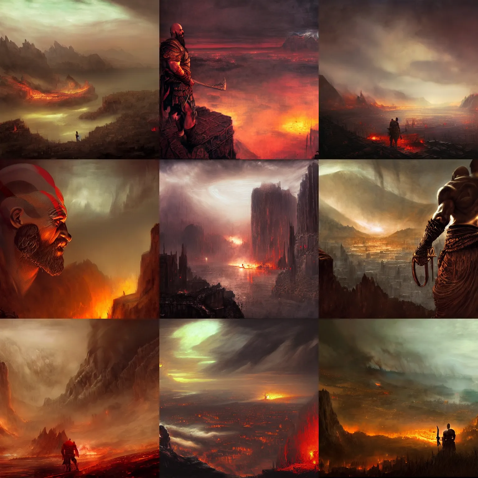 Prompt: god of war kratos, large town in distance, night, fire, smoke, painting, high detailed, fantasy, particles, fog, creepy, tintoretto, beksinski, masanori warugai, wlop