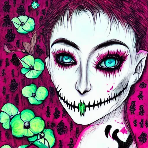 Image similar to tinker bell, horror, skull, flowers, scary, drawn by Harumi Hironaka