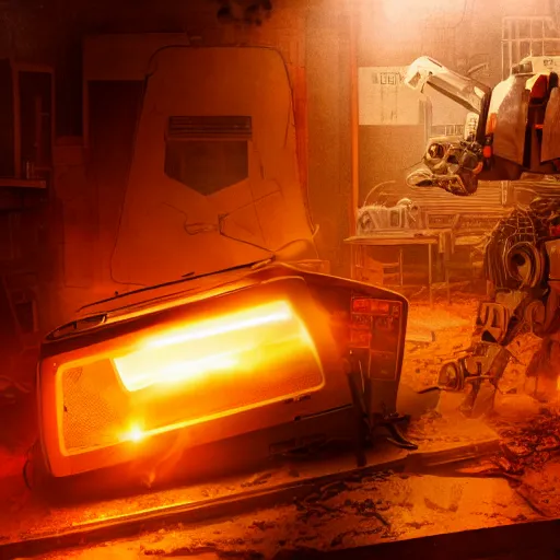 Image similar to head of toaster oven mecha, dark messy smoke - filled cluttered workshop, dark, dramatic lighting, orange tint, cinematic, highly detailed, sci - fi, futuristic, movie still