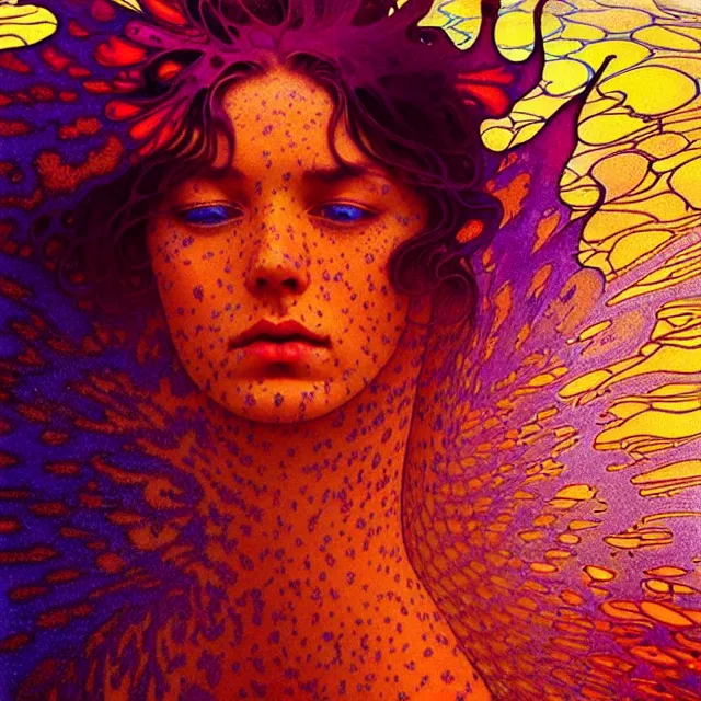 Image similar to psychedelic transcendent freckled sunburnt face mind bending psychedelic wings of glossy liquid honey flowing like kaleidoscopic translucent indigo, lsd feathers, honey wind, enlightenment, high contrast dappled lighting, refracted sunset, highly detailed, concept art, art by collier, albert aublet, krenz cushart, artem demura, alphonse mucha