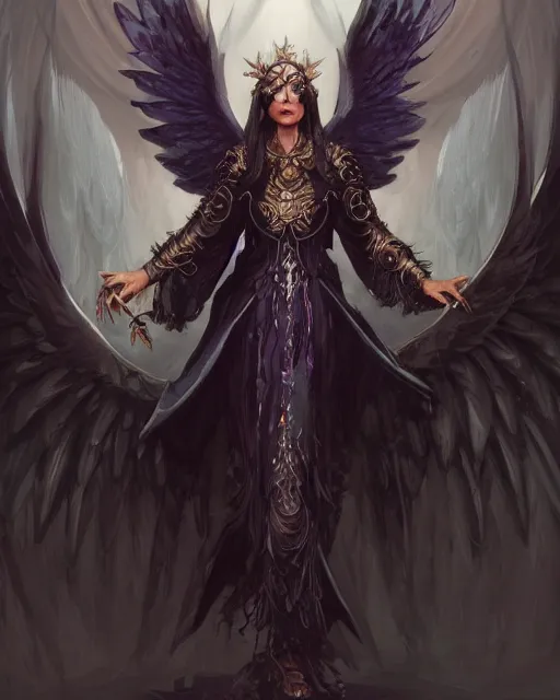 Prompt: character portrait of an arcane raven angel of night with iridescent black raven wings wearing robes, female lord of change, by peter mohrbacher, mark brooks, jim burns, marina abramovic, wadim kashin, greg rutkowski, trending on artstation