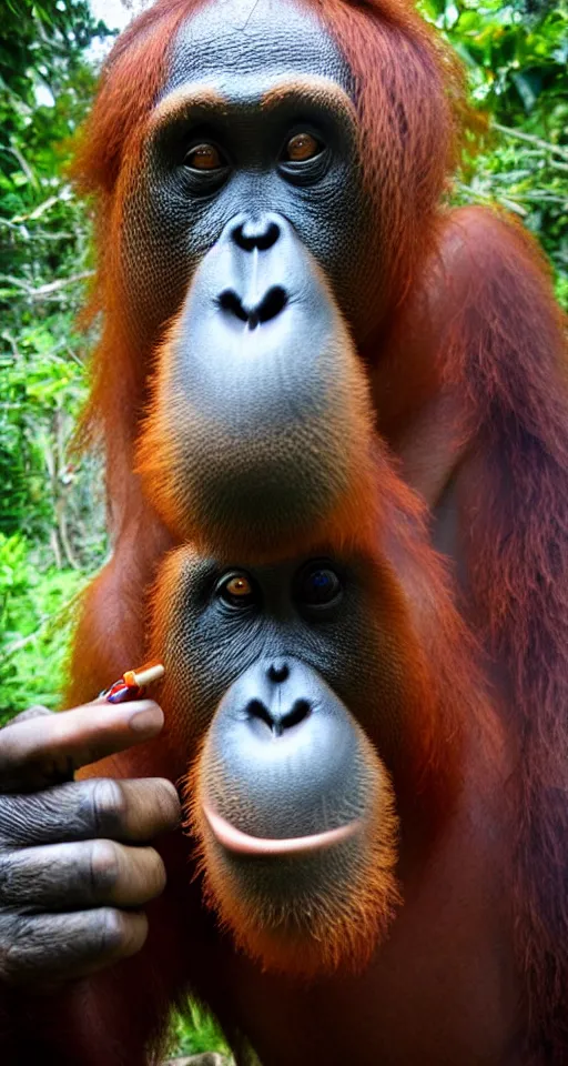 Image similar to Orangutan second-hand smoking, iPhone selfie