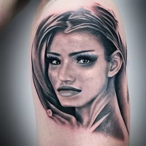 Prompt: tattoo realism design of a beautiful girl with a mountain scenery next to her, hyper realistic