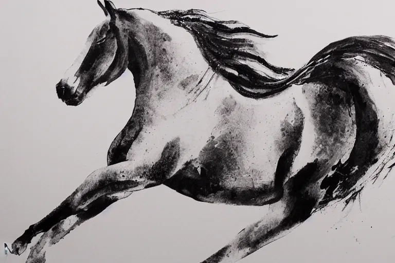 Image similar to beautiful serene horse, healing through elegant motion, minimalistic ink aribrush painting on white background