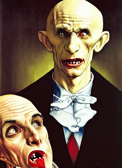 Image similar to upper body portrait of nosferatu in a suit, in the background a candy store, sunny day, by norman rockwell