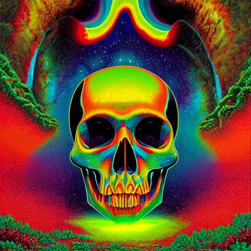 Image similar to ngc 3132 falling pixel waterfall skull portrait mysterious landscape by Roger Dean Casey Weldon, edge of the world, composite, colorful, high quality, featured art print, trending on behance