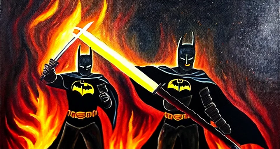 Image similar to An oil painting of a dark knight wielding a flaming sword