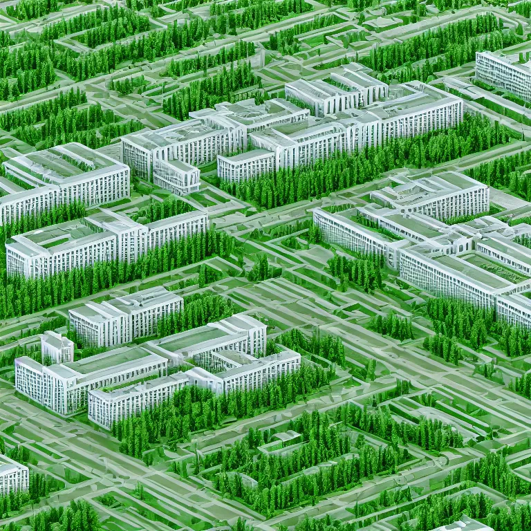 Prompt: Photo of one-point perspective to the center of the frame, ground level view of soviet town, infinitely long soviet panel buildings. A perfect green lawn in the center of the frame. High detail, details, ultra realistic render, octane, 3D, photorealism, symmetric, cloudless-crear-sky, cinematic