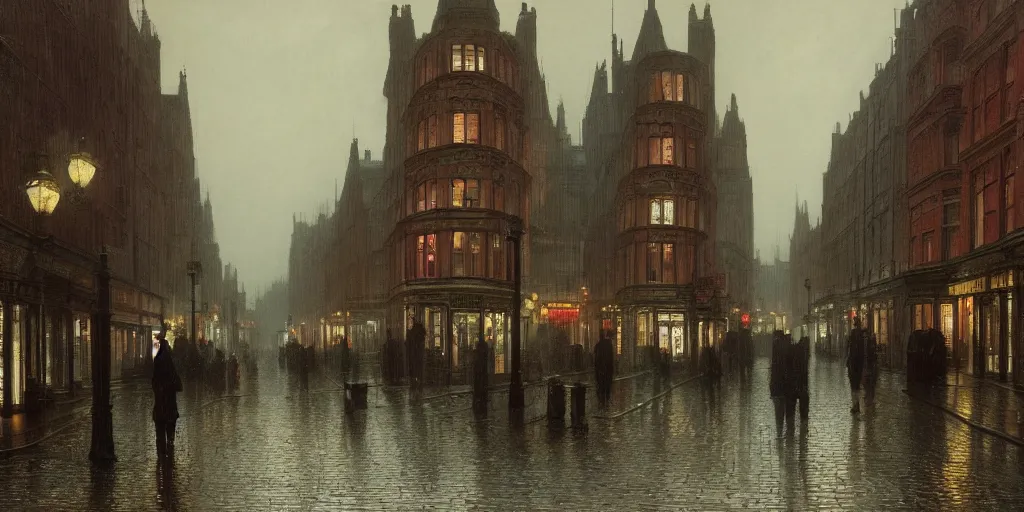 Image similar to Victorian city street with front view of shops on a rainy day in London, evening, low angle view, detailed matte painting, cinematic, John Atkinson Grimshaw, Artstation