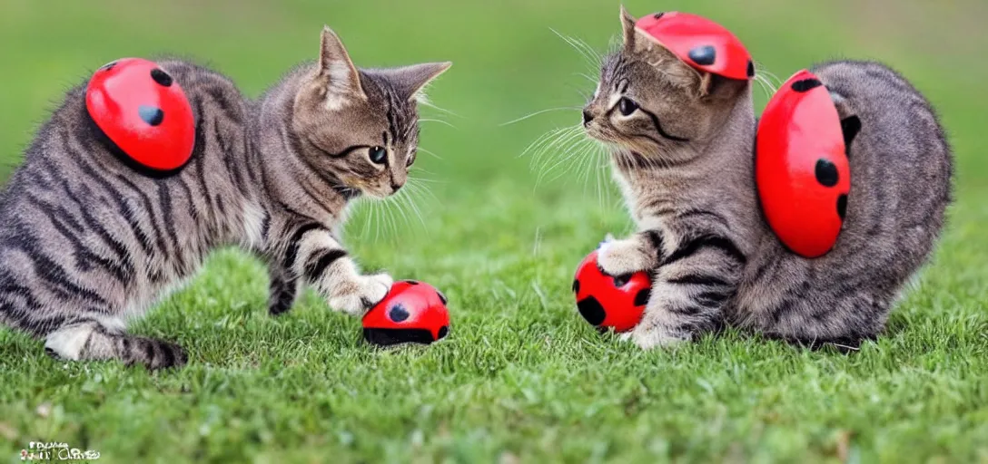 Image similar to cute cats play fighting with a ladybug