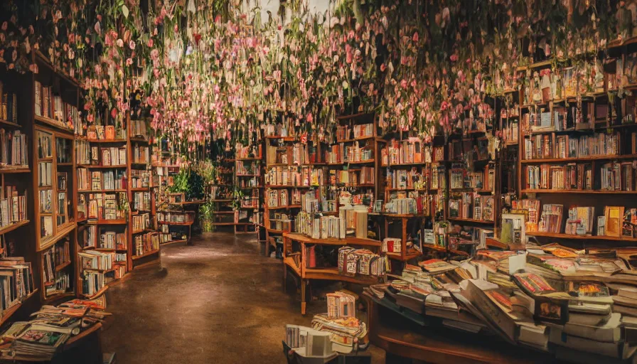 Image similar to a Wes Anderson 35mm film still of a very surreal magic bookshop with a beautiful dream like waterfall inside, apothecary, botanical garden, falling cherry blossom pedals, in the style of Gucci, glowing lights and floating lanterns, foggy atmosphere, crystals, rainy, moody, muted colors, magic details, very detailed, 8k, cinematic look, octane render, psychedelic,