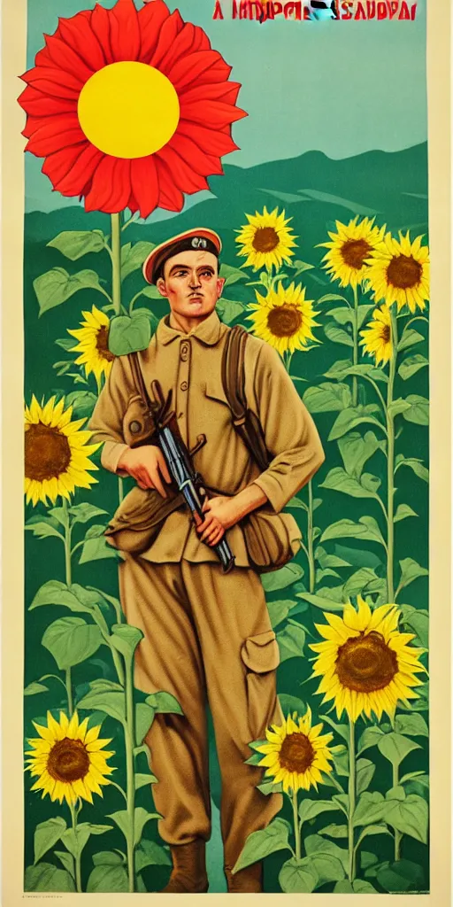 Image similar to Communist Propaganda Poster of a soldier in a sunflower field.