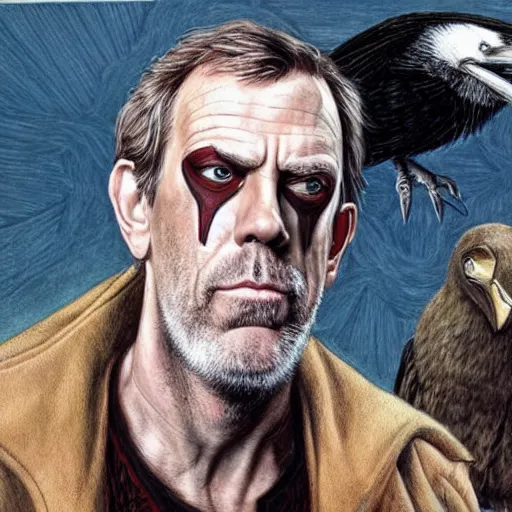 Image similar to hugh laurie as odin, wearing an leather eyepatch, two ravens in the background, very detailed painting by Glenn Fabry