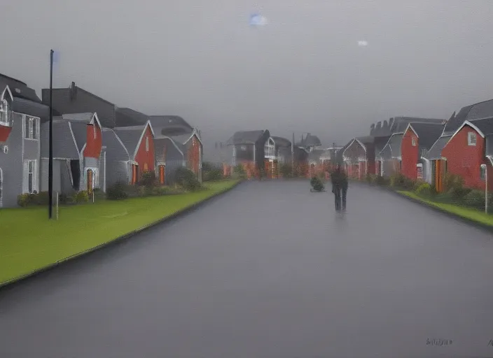 Image similar to oil landscape painting of a British housing estate, ambient light, grey skies and rain, high detail