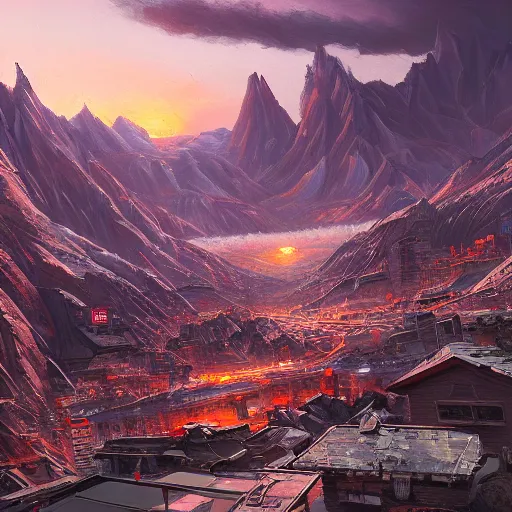 Prompt: beautiful sunset over detailed cyberpunk suburb in a valley surrounded by epic mountains with snowtops, sharp, highly detailed, oil on canvas, kacper niepokolczycki