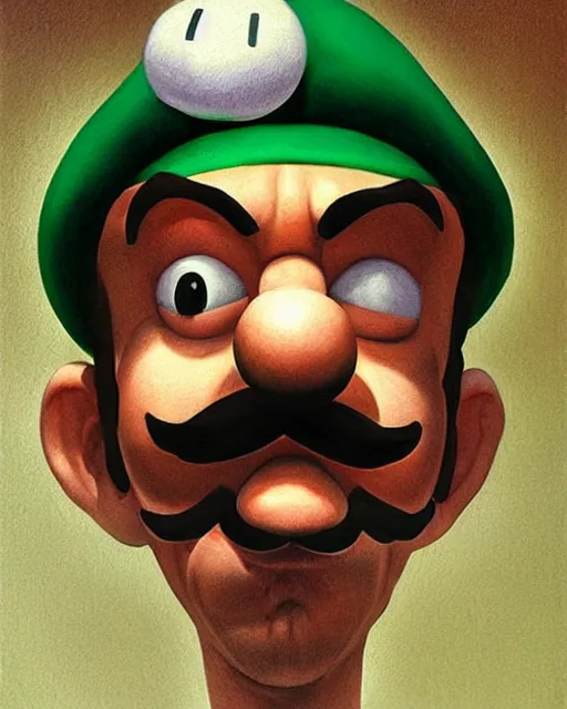 Image similar to luigi from mario bros, hyperrealistic portrait by by jean gireaud and salvador dali