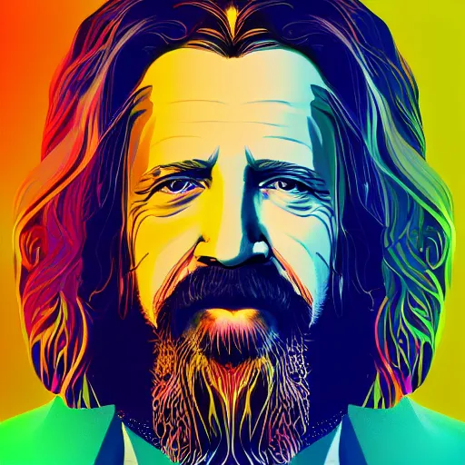 Image similar to a colorful closeup portrait of the dude from the big lebowski. he holds all the wisdom of the world in his eyes. dreamy vibes floating head and dreaming psychedelic hair. halo behind his head. trending on artstation. intricate detail. hyperrealistic 8 k. flat design