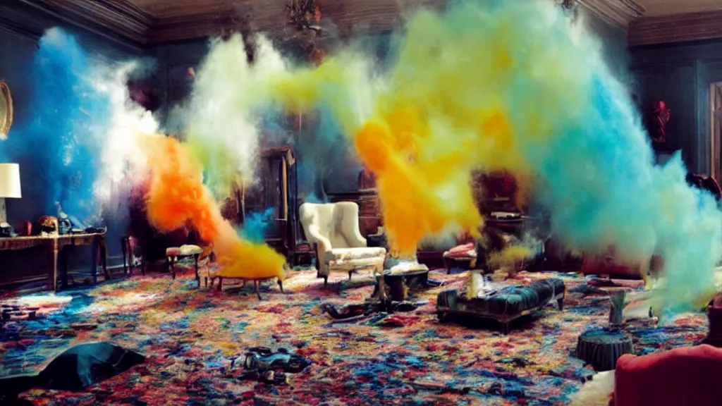 Image similar to colored powder explosion in the living room, film still from the movie directed by Denis Villeneuve with art direction by Salvador Dalí, wide lens