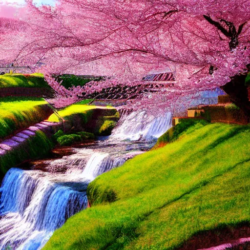 Prompt: terraced fields with cherry trees with pink and white blossoms and waterfalls, detailed airbrushed magical realism landscape painting 4 k