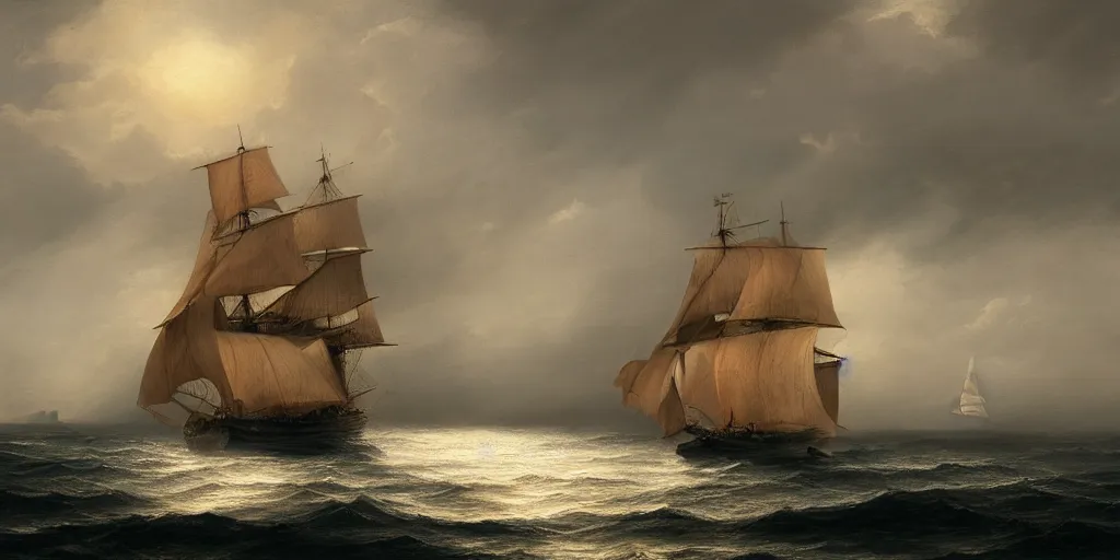 Image similar to splendid sailing boat on the vast ocean, sun, ominous sky, fitz henry lane, matte painting, artstation