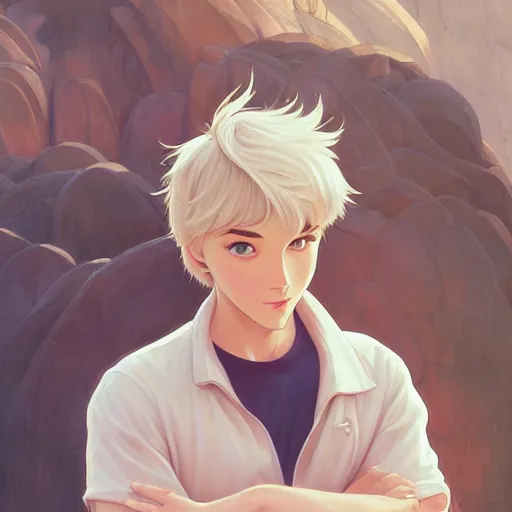 Image similar to young man with short, ash blond greyish hair, light brown eyes, casual clothes, relaxing, happy, path traced, highly detailed, high quality, digital painting, by don bluth and ross tran and studio ghibli and alphonse mucha, sylvain sarrailh, beautiful details