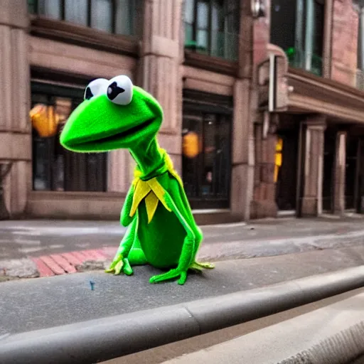 Image similar to stunning awe inspiring kermit the frog homeless begging for money with a sign, movie still 8 k hdr atmospheric lighting