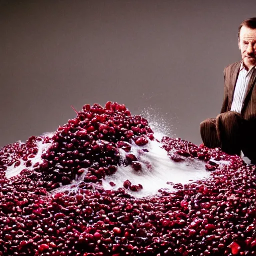 Prompt: tiny bryan cranston's body is a bowl of cranberries, head emerging from cranberries, submerged in cranberries, natural light, sharp, detailed face, magazine, press, photo, steve mccurry, david lazar, canon, nikon, focus