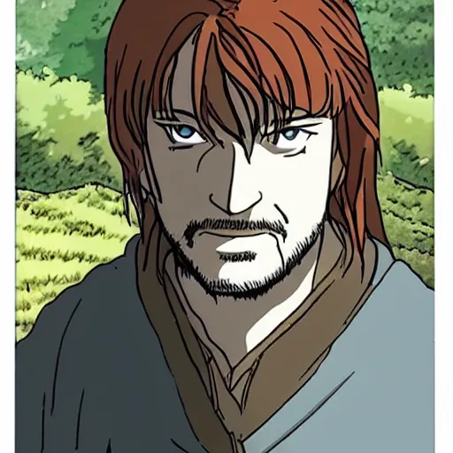 Image similar to boromir from the anime lord of the rings (1986), ginger hair, looking serious, some beard, studio ghibli, very detailed, realistic