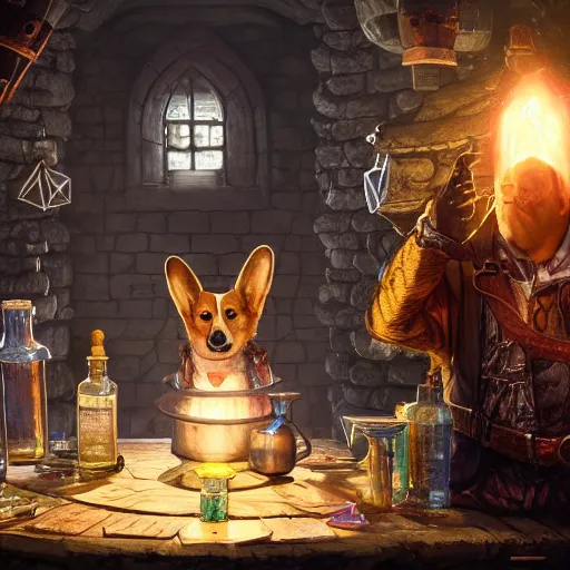 Prompt: a corgi alchemist mixing potions in an arcane laboratory, decorated with glowing runes, swirling mist, hyperrealistic, extremely detailed, d & d character art, fantasy, digital illustration, greg rutkowski, trending on artstation