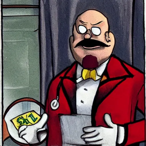 Image similar to Doctor Robotnik tried for tax evasion, court drawing, sad