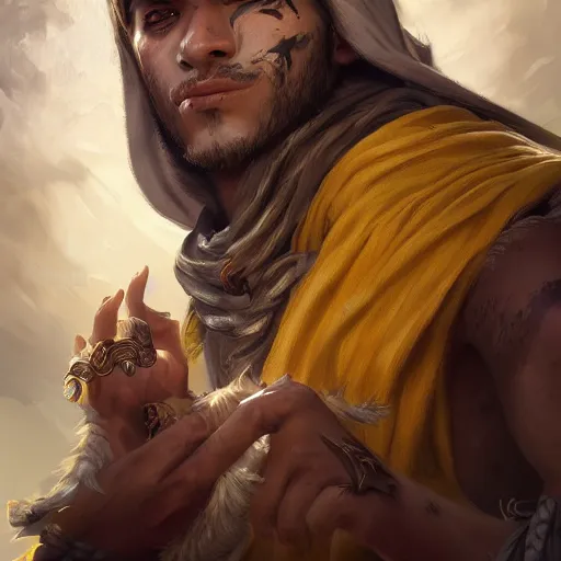 Image similar to portrait of young wild arabian nomad half werewolf, with yellow cloths, league of legends splash art, hearthstone splash art, full body shot, rule of thirds, ultrafine hyperrealistic detailed face, artgerm, greg rutkowski, trending on artstation, 8 k, intricately detailed, highly detailed