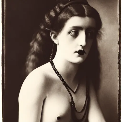 Prompt: photograph of a lilith wearing 1 8 9 0's fashion, looking at the camera, aesthetic, elaborate, intricate, highly detailed, detailed face, photorealism, smooth, sharp focus, rim light, art by man ray,