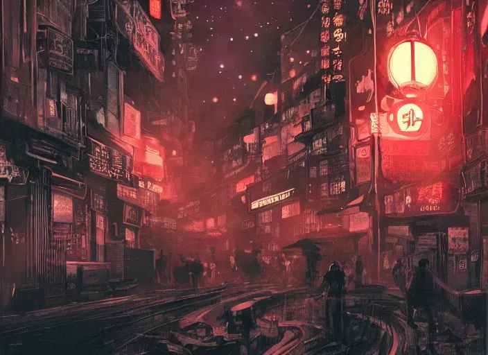 Image similar to anime illustration of 1 9 2 0 s hong kong at night lit by the stars, wispy smoke, highly detailed face, very intricate, symmetrical, cinematic lighting, award - winning, painted by wong kar - wai and mandy jurgens and peter doig, dystopian, bold colors, dark vibes, featured on artstation