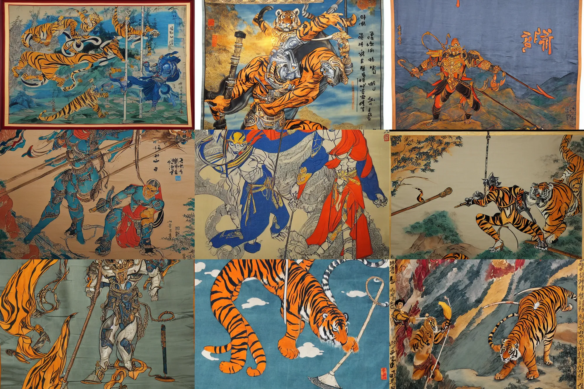 Prompt: hanging silk scroll, protoss holding a pole, tiger, korean countryside