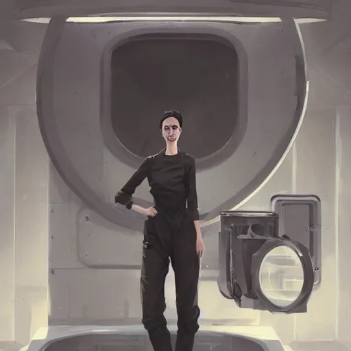 Image similar to concept art by greg rutkowski, a very tall, and slender woman, wearing utilitarian jumpsuit, sitting in the giant washing machine with circle window, brutalist futuristic interior, dark lighting atmosphere, detailed portraits, nostalgic atmosphere, scifi, digital painting, artstation, concept art, smooth, sharp foccus ilustration, artstation hq