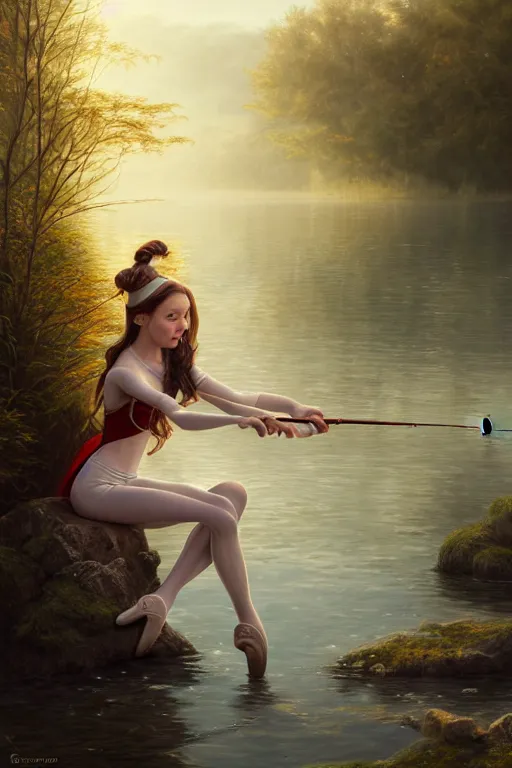 Prompt: elegant elf ballerina fishing in lake, highly detailed, d & d, fantasy, highly detailed, digital painting, trending on artstation, concept art, sharp focus, illustration, global illumination, ray tracing, realistic shaded, art by artgerm and greg rutkowski and fuji choko and viktoria gavrilenko and hoang lap