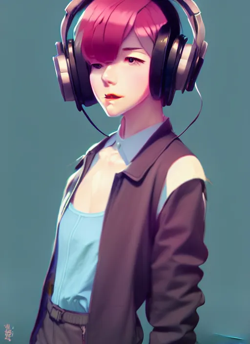 Image similar to female character inspired by 9 0's fashion and by madeline from celeste, art by rossdraws, wlop, ilya kuvshinov, artgem lau, sakimichan and makoto shinkai, concept art, headphones